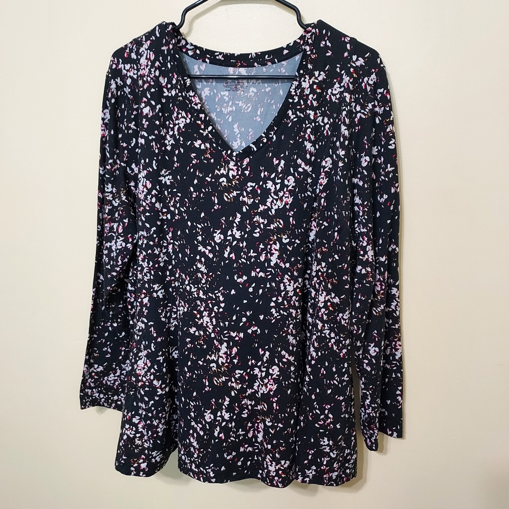 Lane Bryant Super Soft Black Cream & Pink Floral Tunic 18/20 Abstract Artsy